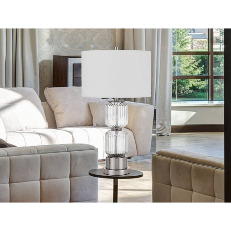 Nickel Metal Table Lamp with White Drum Linen Shade and 3 Way Dimmable Switch - 15” x 15” x 27.75” (D x W x H)
