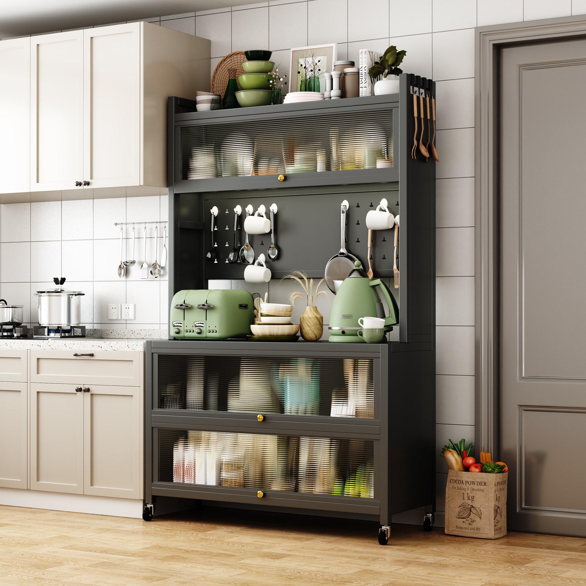 carrie スライドシェルフ Kitchen Metal Storage Cabinets with Transparent Flip Door & 4