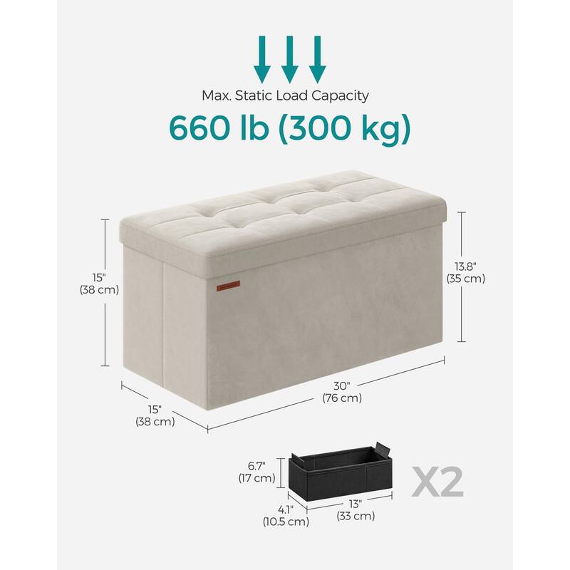 Storage Ottoman, Foldable Velvet Storage Bench, 2 Extra Storage Boxes, 15 x 30 x 15 Inches, 660 lb Load Capacity, for Entryway