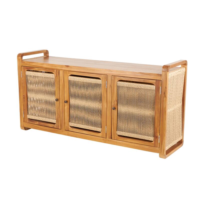 Teak Wood Handmade 3 Door Cabinet with Rattan Front and Sides - Brown - Roche River Decor - 18"W x 63"L x 32"H