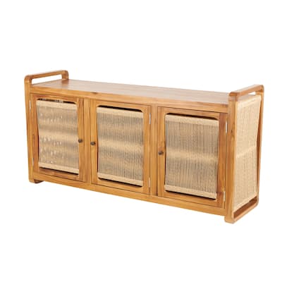 Teak Wood Handmade 3 Door Cabinet with Rattan Front and Sides - Brown - Roche River Decor - 18"W x 63"L x 32"H