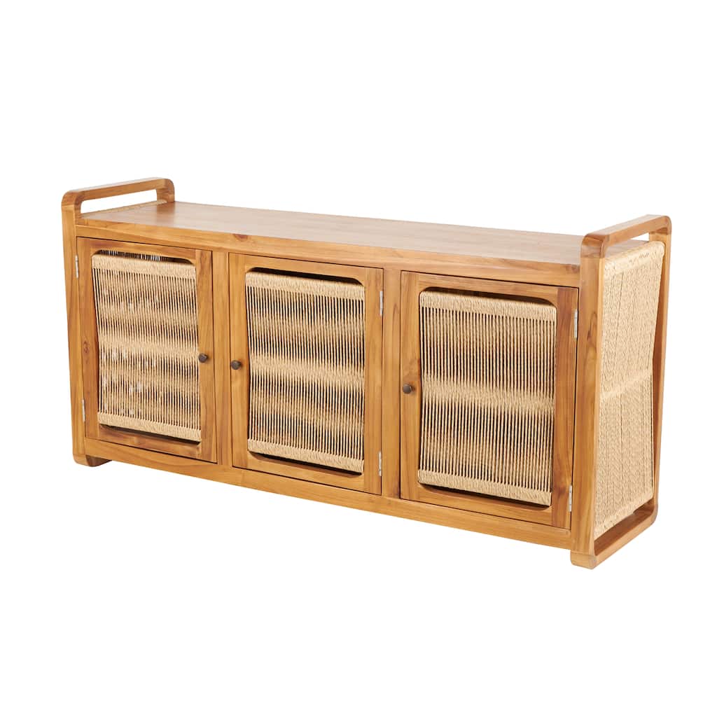 Teak Wood Handmade 3 Door Cabinet with Rattan Front and Sides - Brown - Roche River Decor - 18"W x 63"L x 32"H