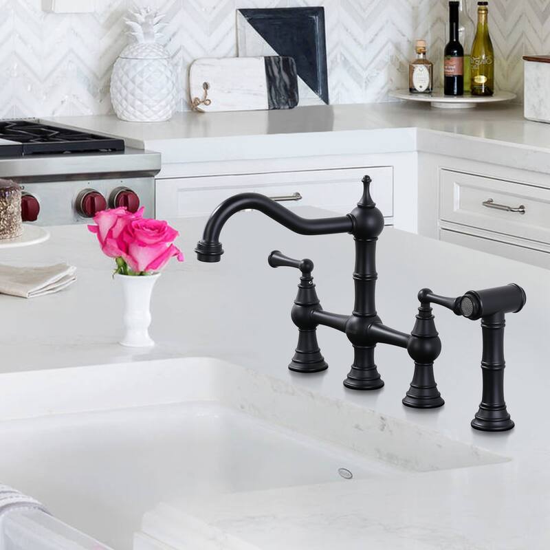 WOWOW Double Handle Bridge Kitchen Faucet with Side Sprayer