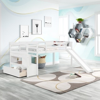 White Twin Solid Wood Low Loft Bed with Stairs & Slide