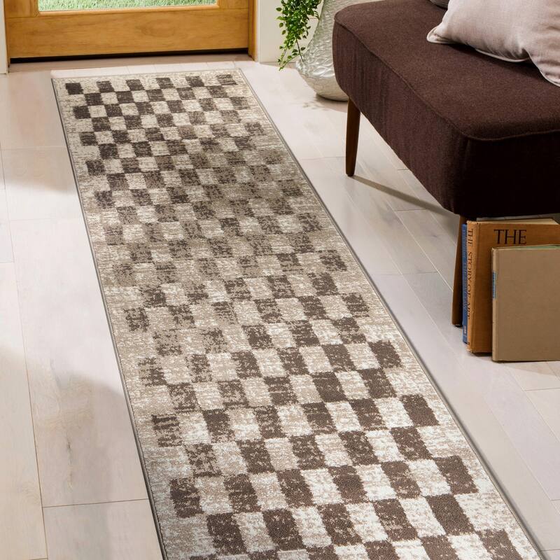 Contemporary Checkered Stylish Area Rug, Pet Friendly for Any Room - 2' 3" x 8' - Beige