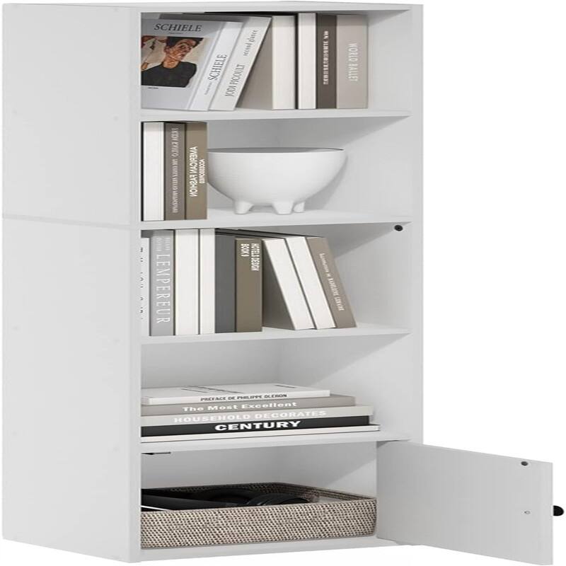 Luder Shelf Bookcase with 1 Door Storage Cabinet, French Oak - 9.3"D x 12"W x 52.1"H