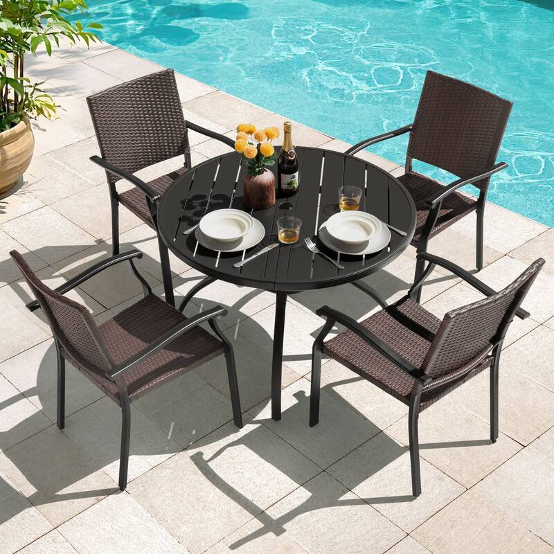 5PCS Outdoor Dining Set, 4 Wicker Chairs and Iron Table with Umbrella Hole, Black - Round Table