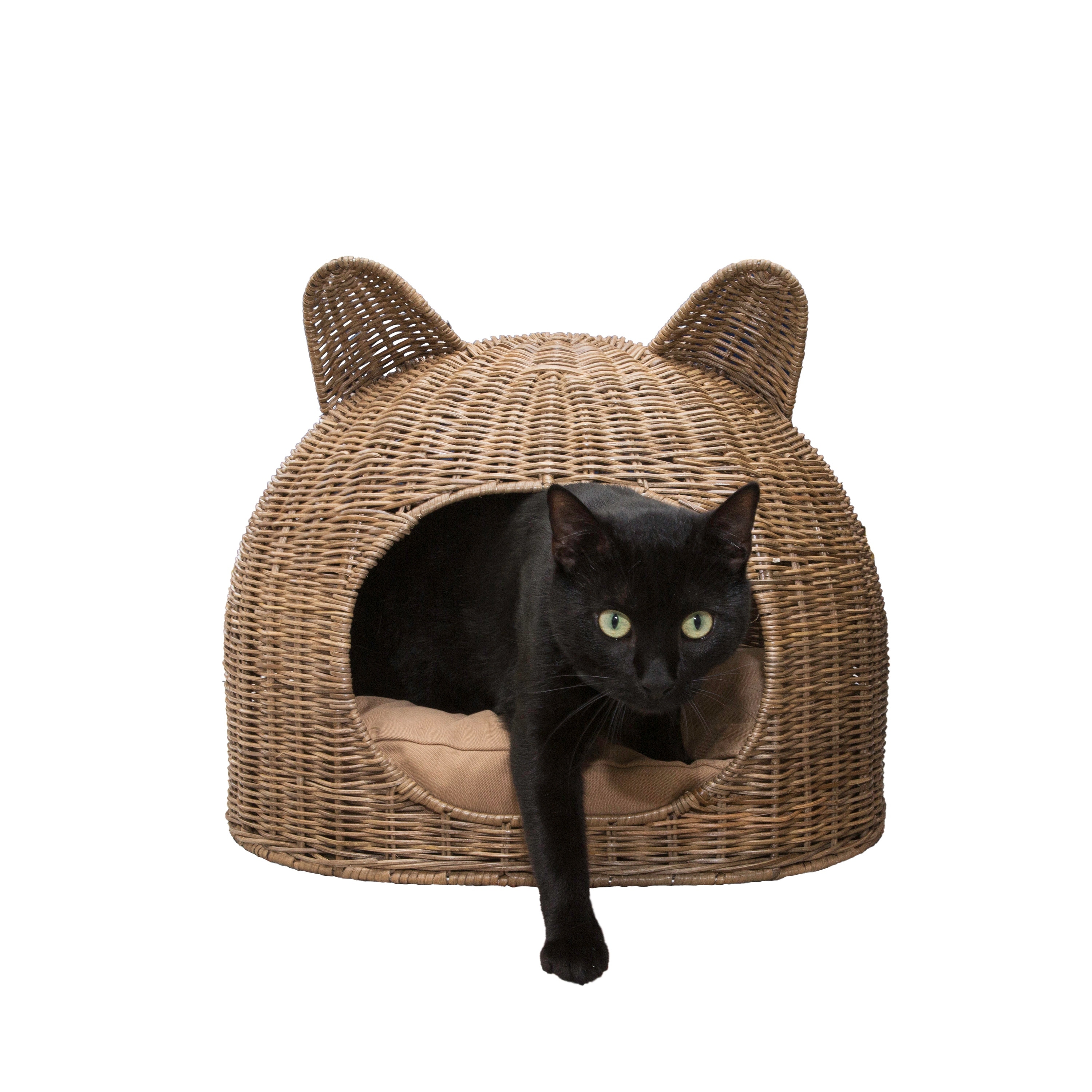 Cat Ear Handwoven Rattan Cat Bed with Machine-Washable Cushion