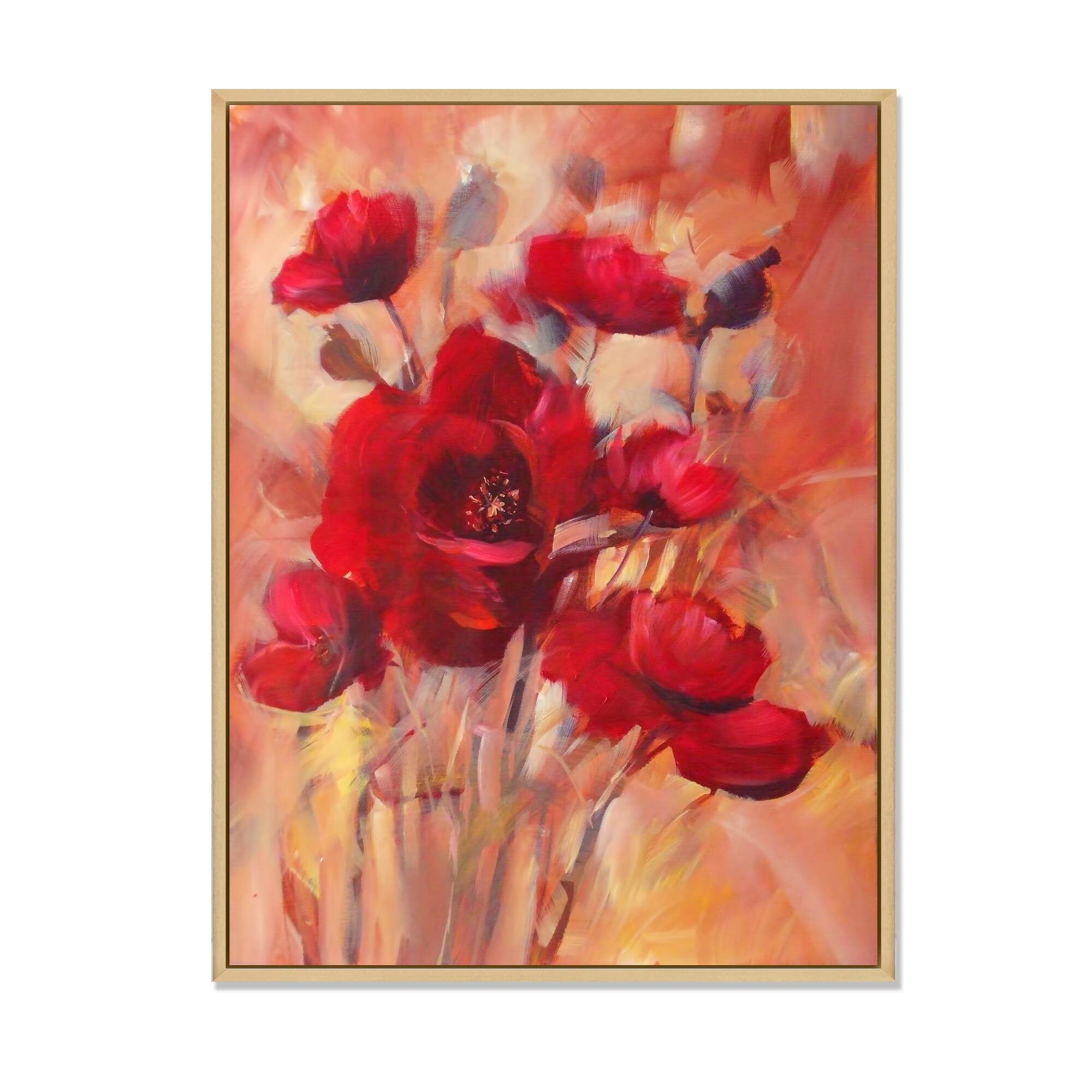 Designart "Red Blooming Poppies II" Traditional Framed Canvas Wall