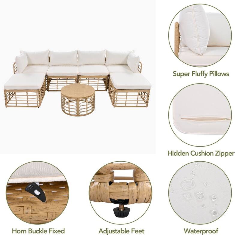 7 Pieces Outdoor Patio Furniture, with Thick Cushions & Pillows, All-Weather Rattan Sectional Sofa Set wRound Coffee Table