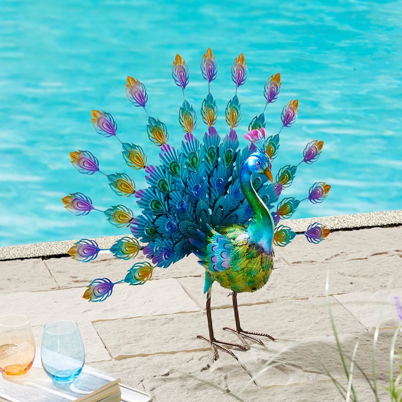 Glitzhome Metal Standing Peacock Garden Statue with Stakes for Indoor Outdoor