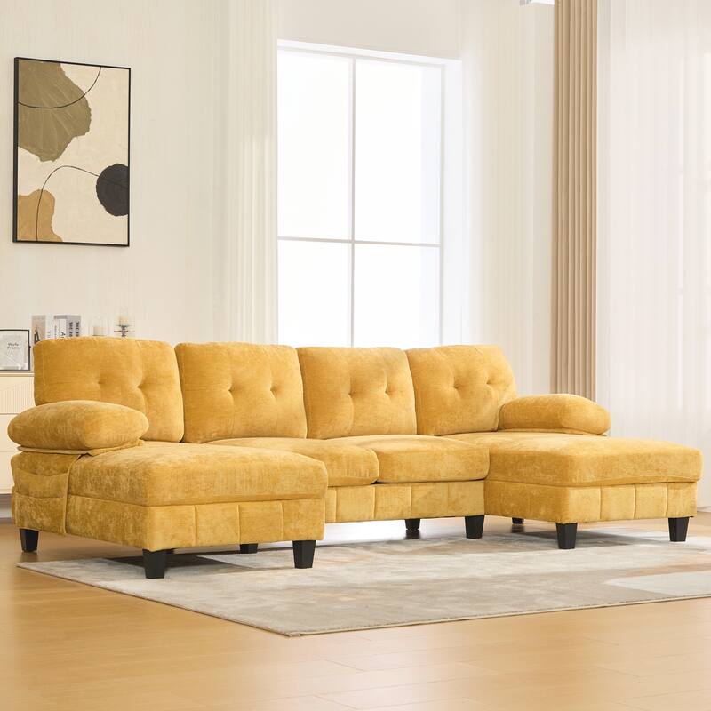 U-Shaped Modular Sectional Sofa with Dual Chaise Lounges, Chenille Fabric Cloud Couch with Storage Pockets & Armrest Pillows