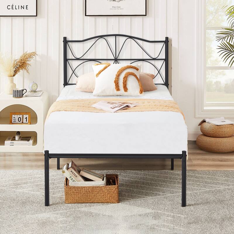 Javlergo Metal Platform Bed Frame with Elegant Headboard, Heavy Duty Steel Slats Support/No Box Spring Needed - Black - Twin