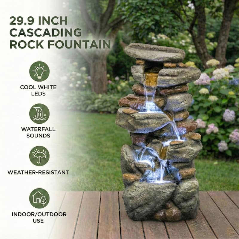 30'' H Outdoor Stone-Like Resin Water Fountain with LED Light & Waterfall Flow - N/A