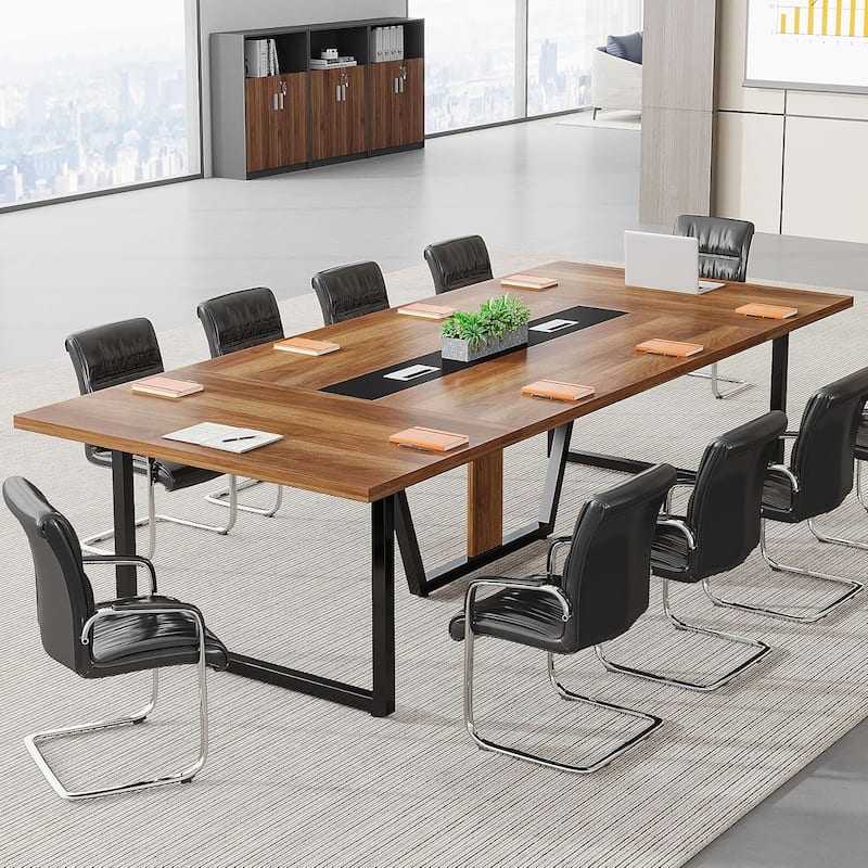 8FT Large Conference Table with Strong Metal Frame for Office Conference - Light Red Maple