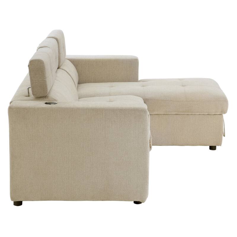 96" Linen L-Shaped Sectional Sofa Bed with Adjustable Headrest, Wireless Charging and Hidden Storage