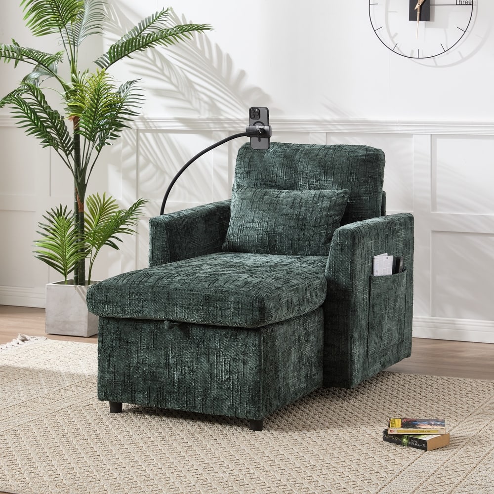 HOMEFUN Chenille Upholstered Storage Lazy Single Leisure Chair Sofa with Phone Holder