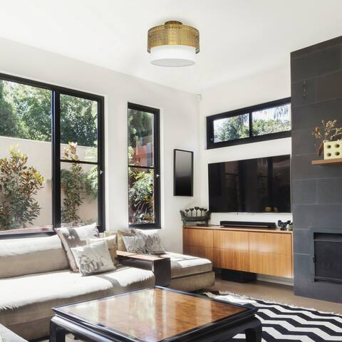 Eliza River of Goods Gold Metal and Fabric Drum Shade Ceiling Light - 13" x 13" x 10.125"