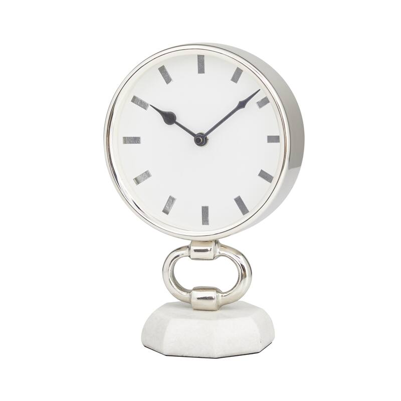 Stainless Steel Metal Decorative Clock with Marble Base - Silver - Roche River Decor - Silver - 6"W, 10"H