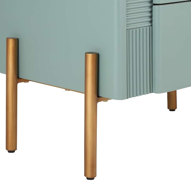 Modern Nightstand with 2 Storage Drawer, Fluted Bedside Table with Golden Metal Handles and Legs