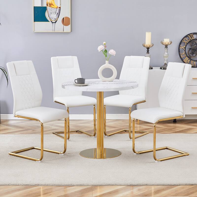 Roomfitters 5pcs Round White Marble Dining Table Set with PU Chairs and Golden Metal Arched Legs, White