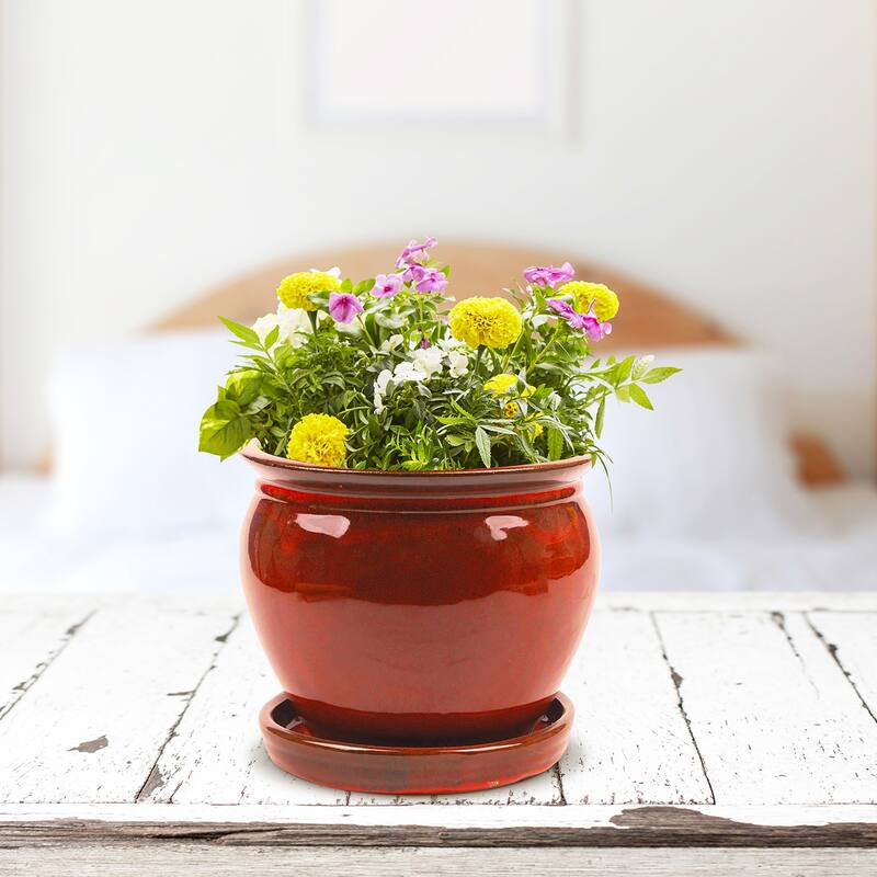 Southern Patio Wisteria 8 Inch Diameter Ceramic Planter Pot with Saucer, Red - 4.41