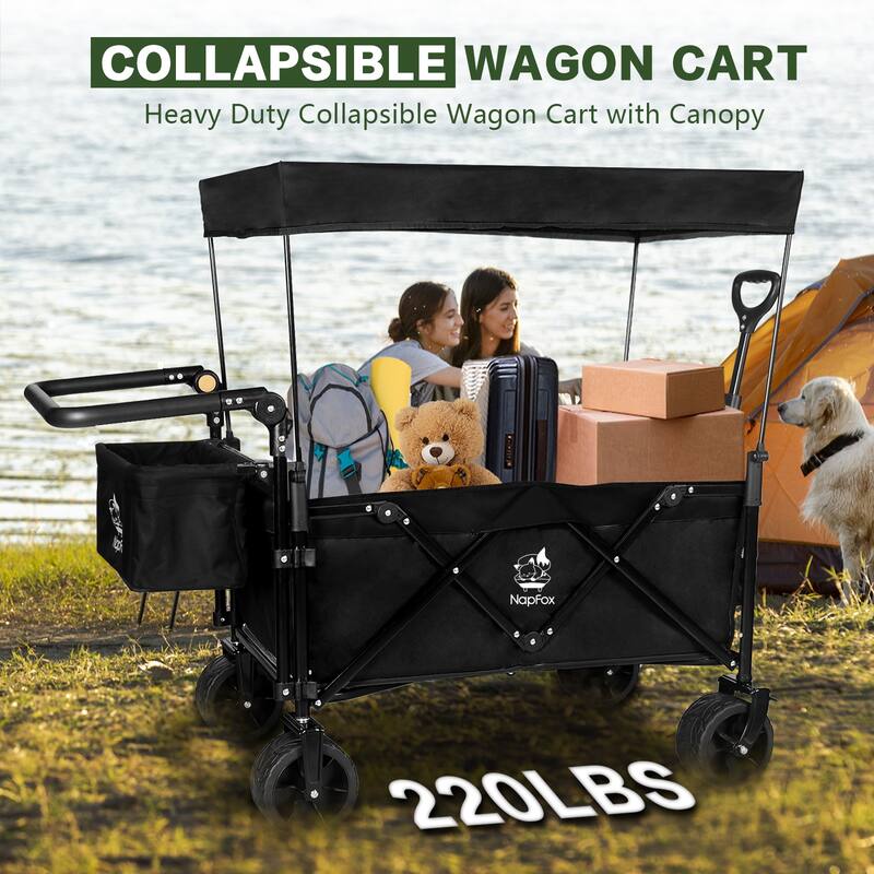 Collapsible Wagon with Canopy Extra Large 140L Storage Steel Frame All-Terrain Wheels Brakes - 20” x 44.9” x 46.8”