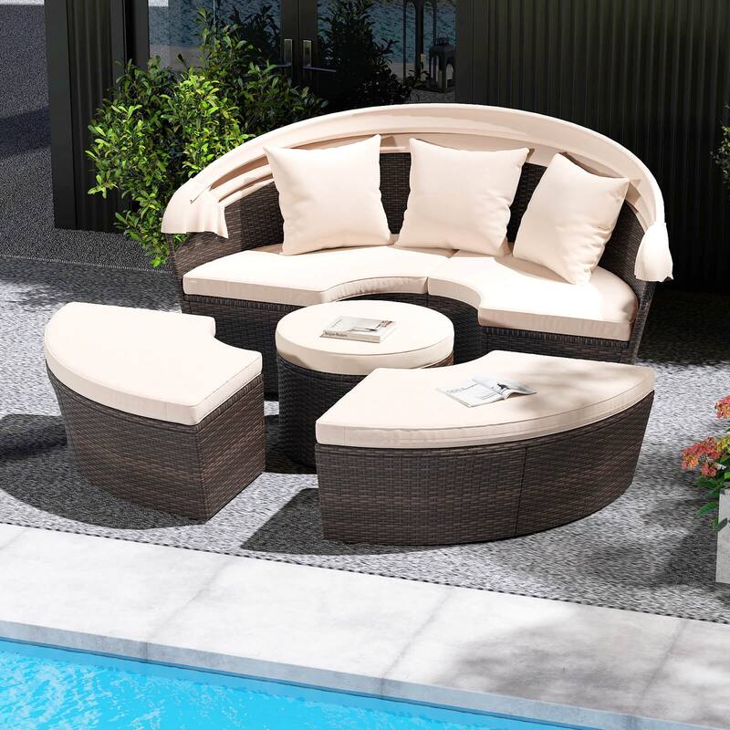 Round Outdoor Daybed Wicker Rattan Clamshell Patio Day Bed w/ Canopy