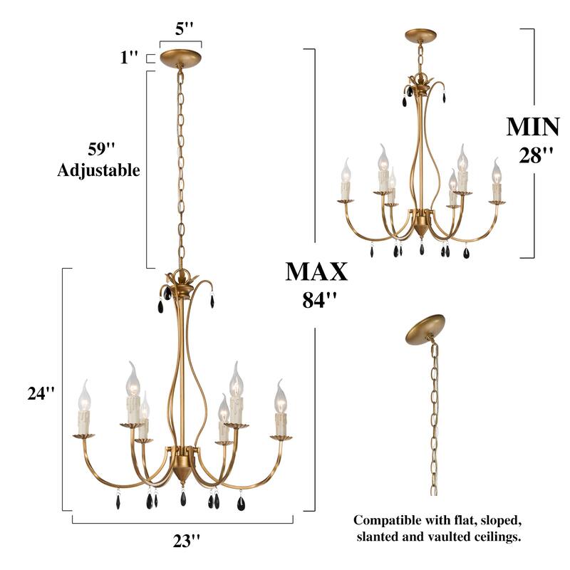 Farmhouse 6-Light Brushed Gold Classic Crystal Chandelier - W 23"x D 23"x H 24"