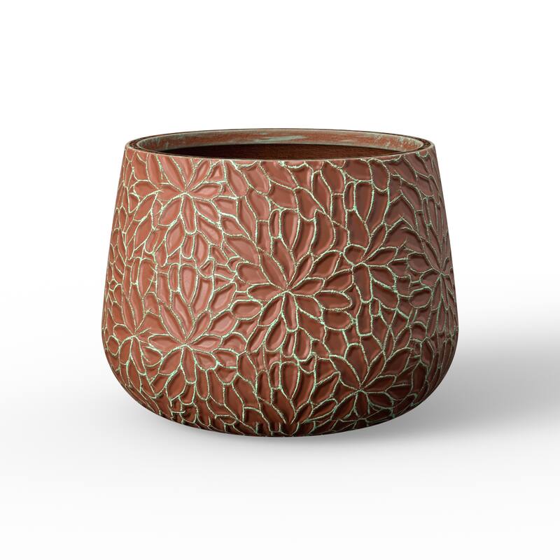 Concrete Tall Round Planter with Floral Pattern with Drainage Holes - 18 x 13.5 - Teal(Enhanced Interior)