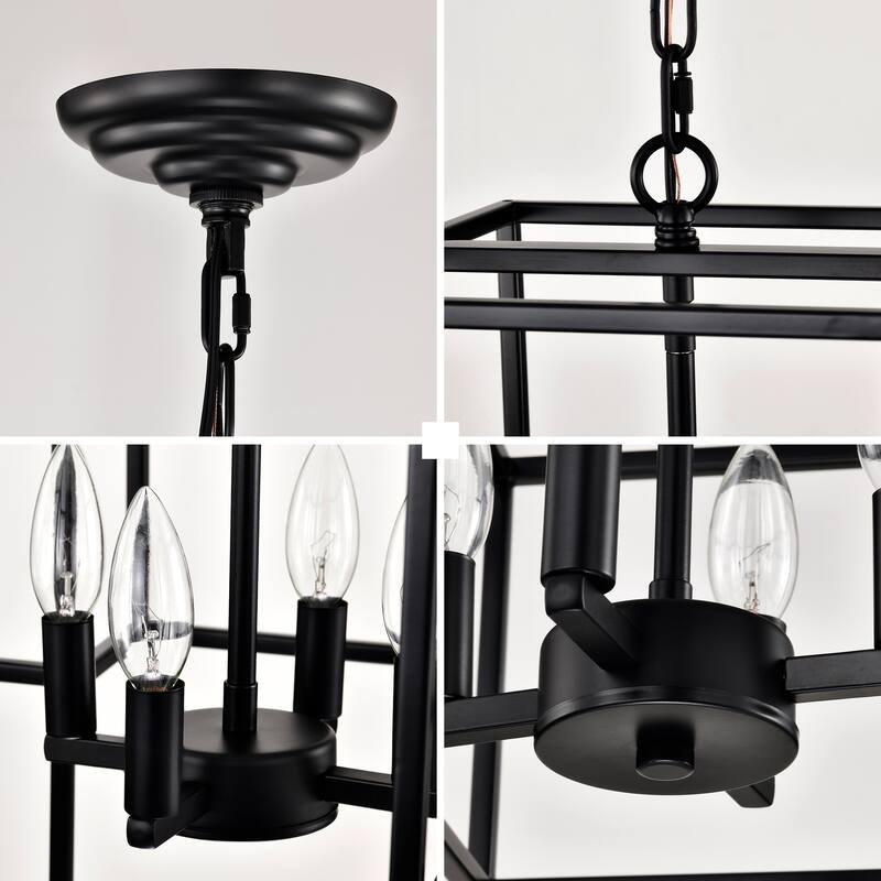 Industrial 4-Light Farmhouse Lantern Chandelier, Adjustable Height, for Dining Room and Kitchen, E12 Bulbs Not Included