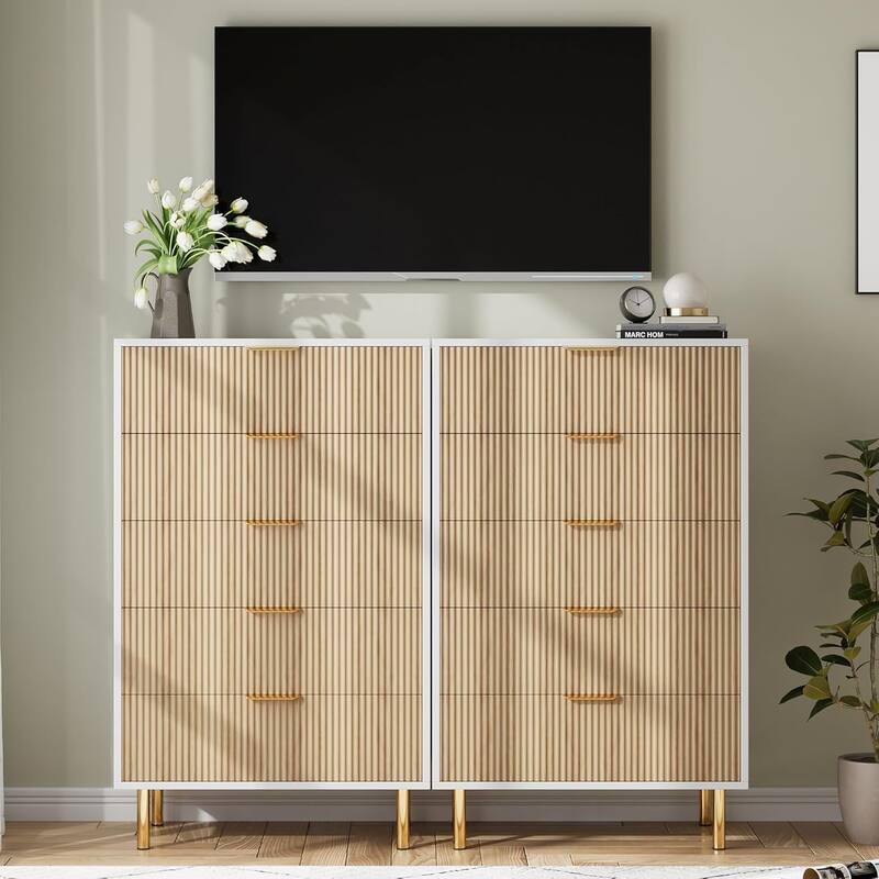 5 Drawer Dresser for Bedroom with Gold Handles, Modern Wooden Chest of Drawers