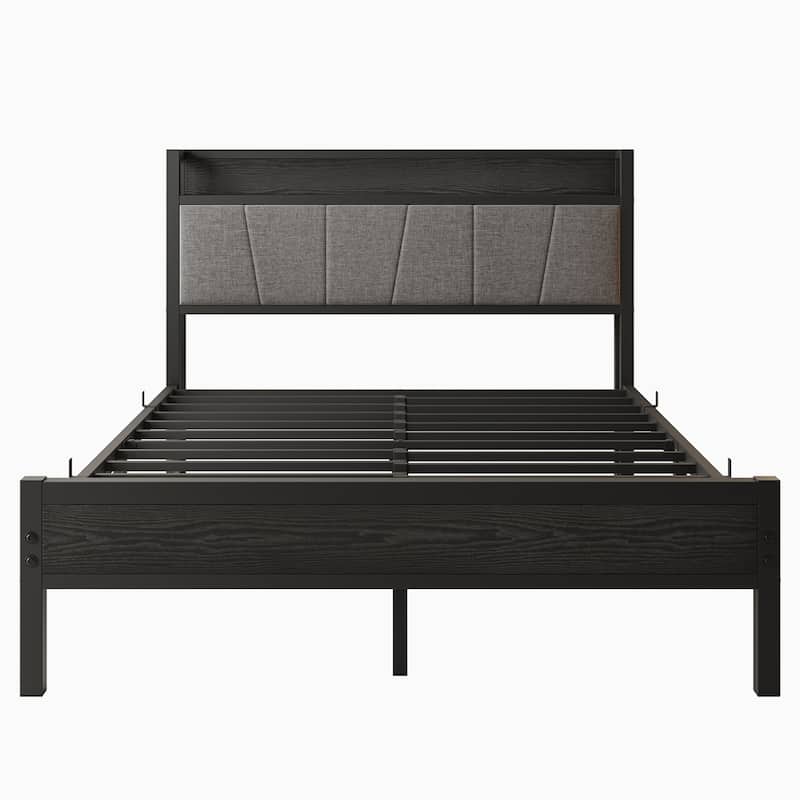 Full Size Bed Frame, Storage Headboard with Charging Station