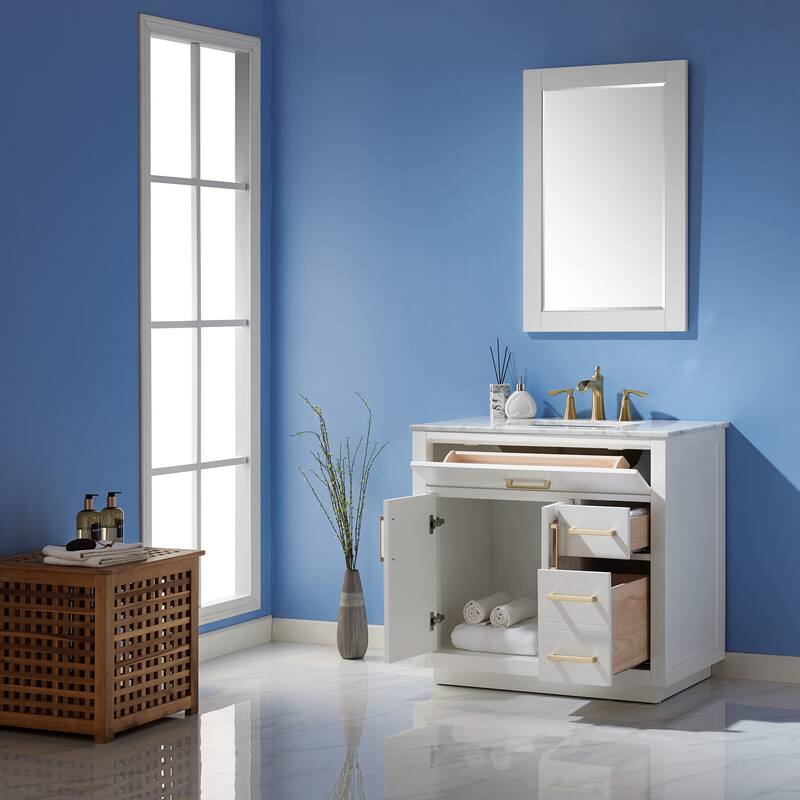 Altair Ivy Single Bathroom Vanity Set and Carrara White Countertop with Mirror