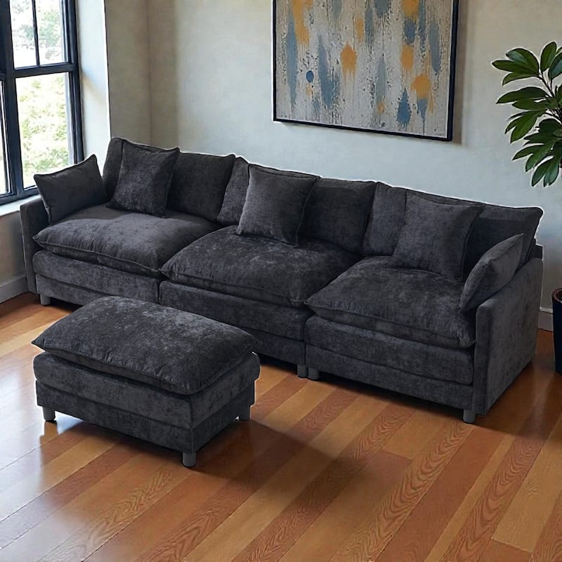 108 Inch L Shaped Modular Sectional Sofa, Chenille Cloud Couch with Ottoman, Deep Seat Modern Sofa