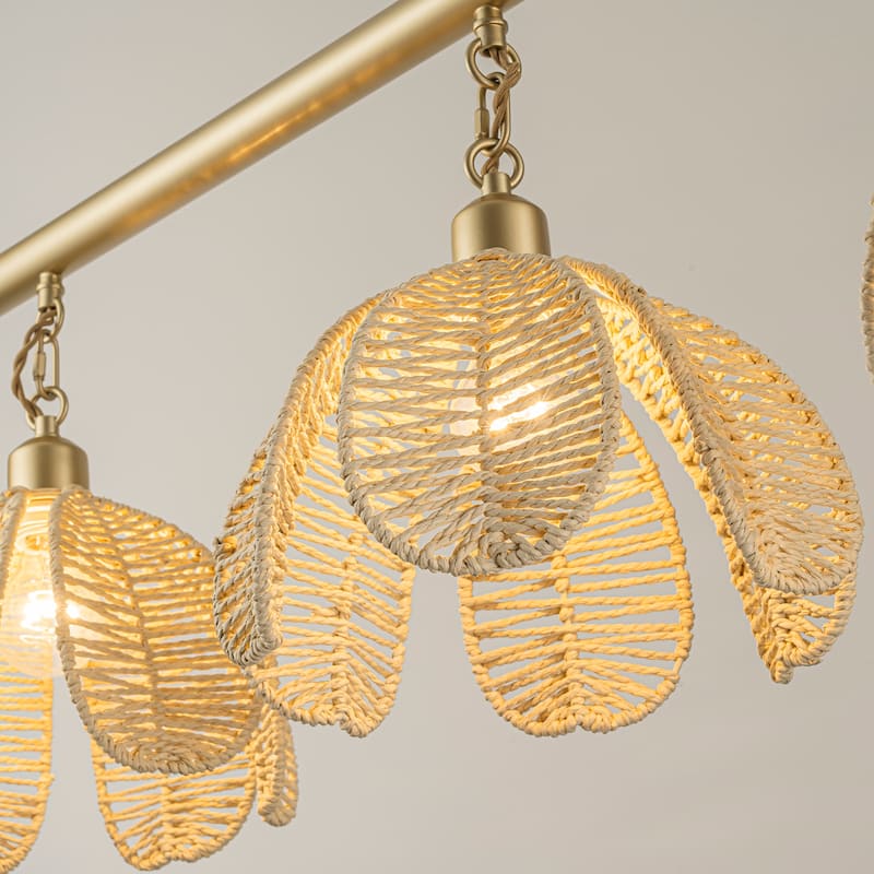 Cali 3-Light Wicker Flower Linear Pendant, Coastal Boho - Handwoven - 36" Wide