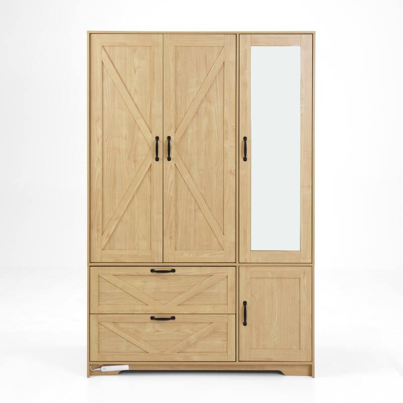 4 Doors Wardrobe Closet with Mirror, LED Wardrobe with Doors and 2 Drawers, Wooden Wardrobe Storage Cabinet with Hanging Rod