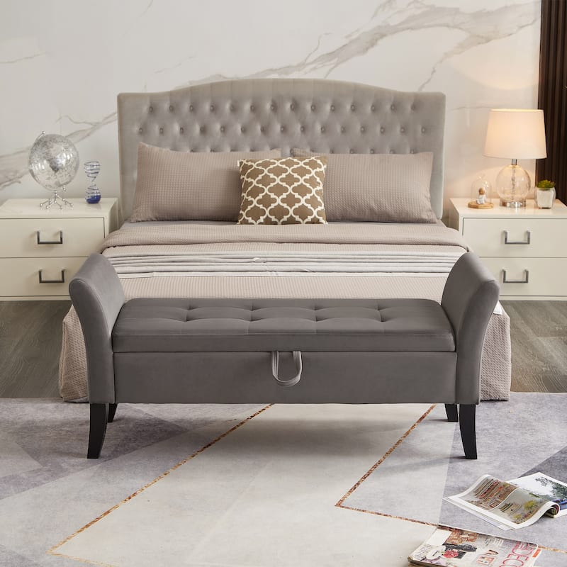 Velvet Storage Bench, Ottoman Bench Upholstered Fabric End of Bed Bench with Wood Legs, Flipping Lid Entryway Footrest