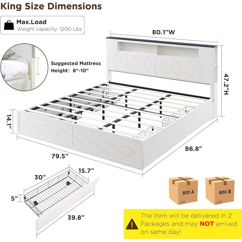 Modern King Size Wood Bed Frame with Charging Station and LED Lights