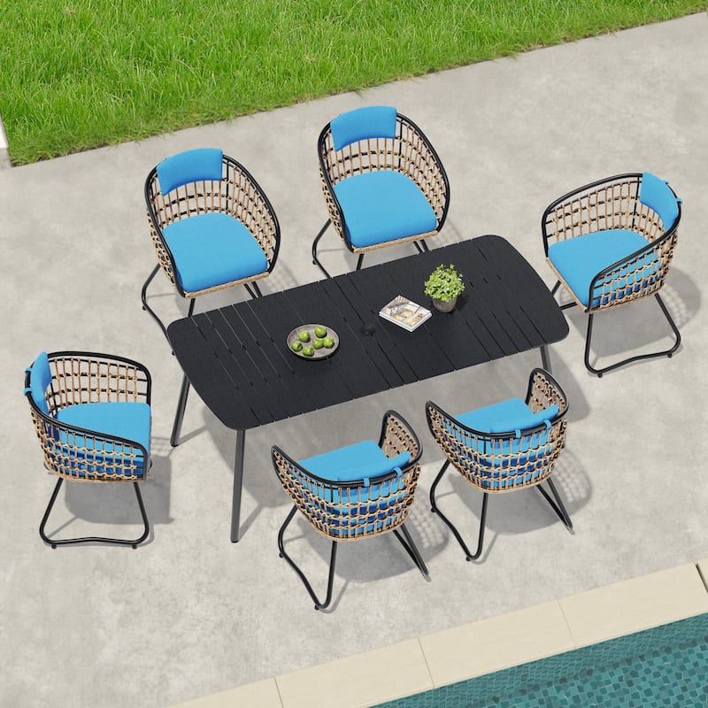 7-Piece Patio Dining Set Aluminum Outdoor Table with Umbrella Hole with Rattan Chairs