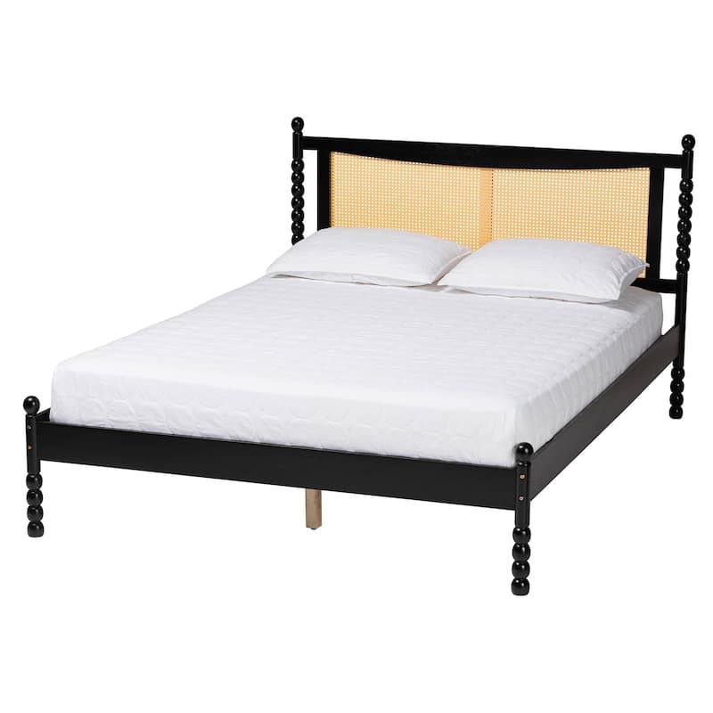 Okena Mid-Century Modern Black Wood Queen Size Platform Bed with Woven Rattan - Queen
