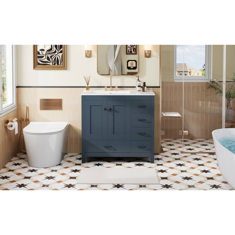36" Blue Bathroom Vanity with Ceramic Sink Combo, Abundant Storage Cabinet -2 Soft close doors and 5 drawers