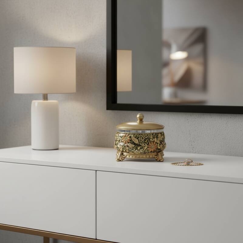 10" Gold Green And Silver Resin Floral Scroll Jewelry Box With Metal Accents - Green/Gold/Silver