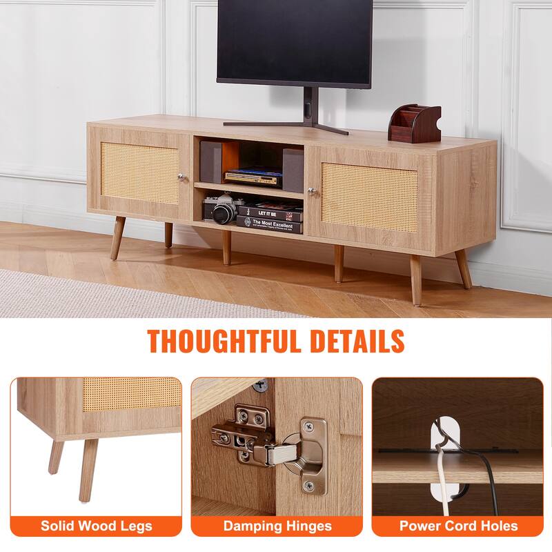 Rattan TV Stand, Mid Century Modern TV Stand, Boho Rattan TV Cabinet with Build-in Socket and USB Ports, Adjustable Shelfs