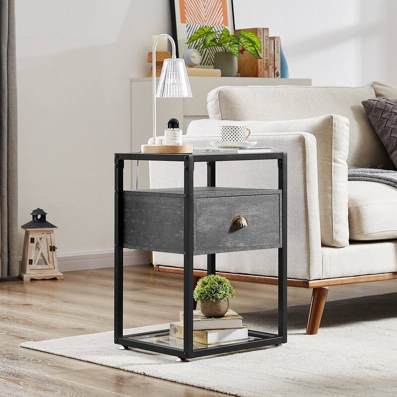 VECELO, Modern 1-Drawer Nightstand with 2-tier Glass Shelves