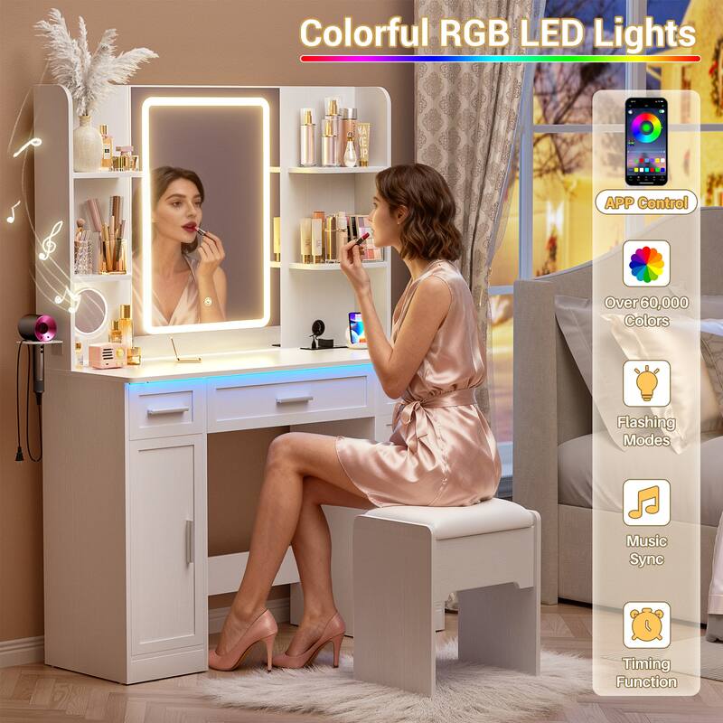 Modern Farmhouse Vanity Table with LED Mirror, Makeup Vanity Desk with Drawer, Cabinet, and Shelves