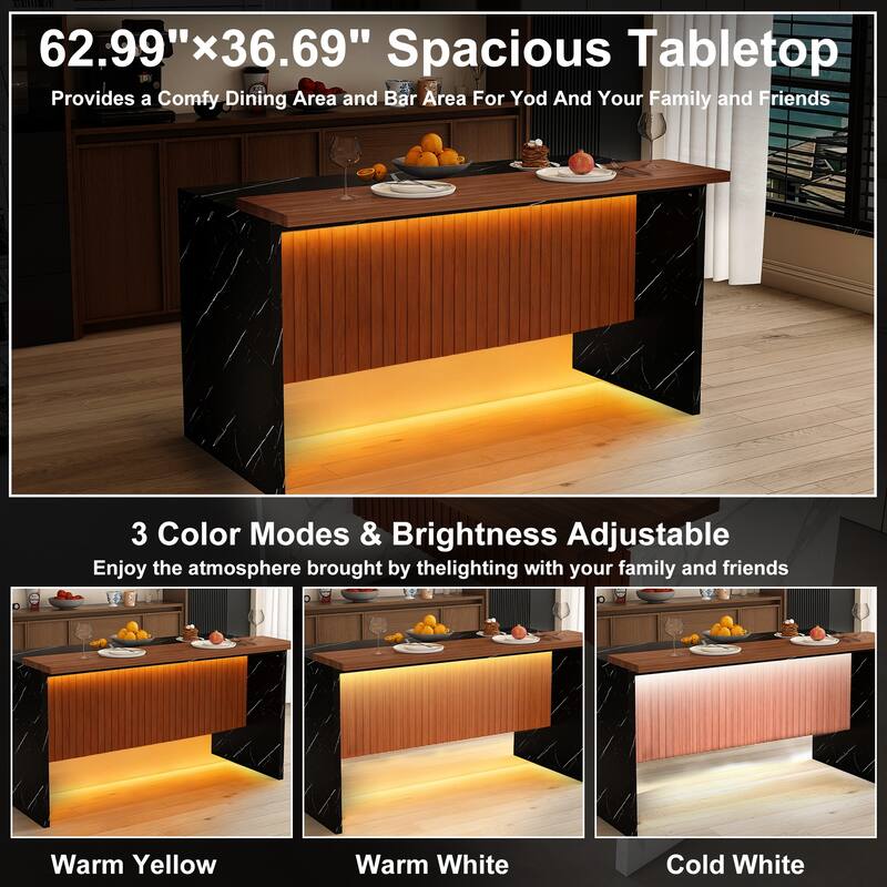 63" Kitchen Island with Marble Look Surface, LED Lights & Grille Design