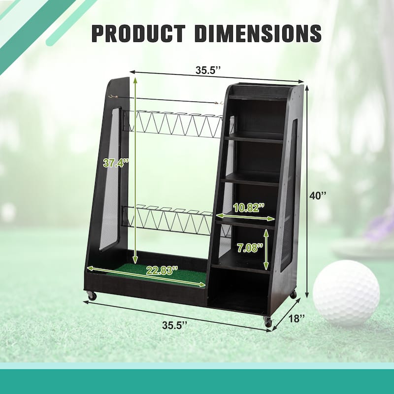 Wooden Golf Bag Organizer and Storage Rack - Holds 2 Golf Bags, 12 Clubs, 4-5 Pairs of Golf Shoes, 50+ Golf Balls