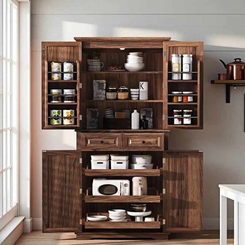 71" Tall Kitchen Pantry Cabinet with 3 Pull-Out Organizers, Freestanding Cupboard With Adjustable Shelves, Versatile Storage
