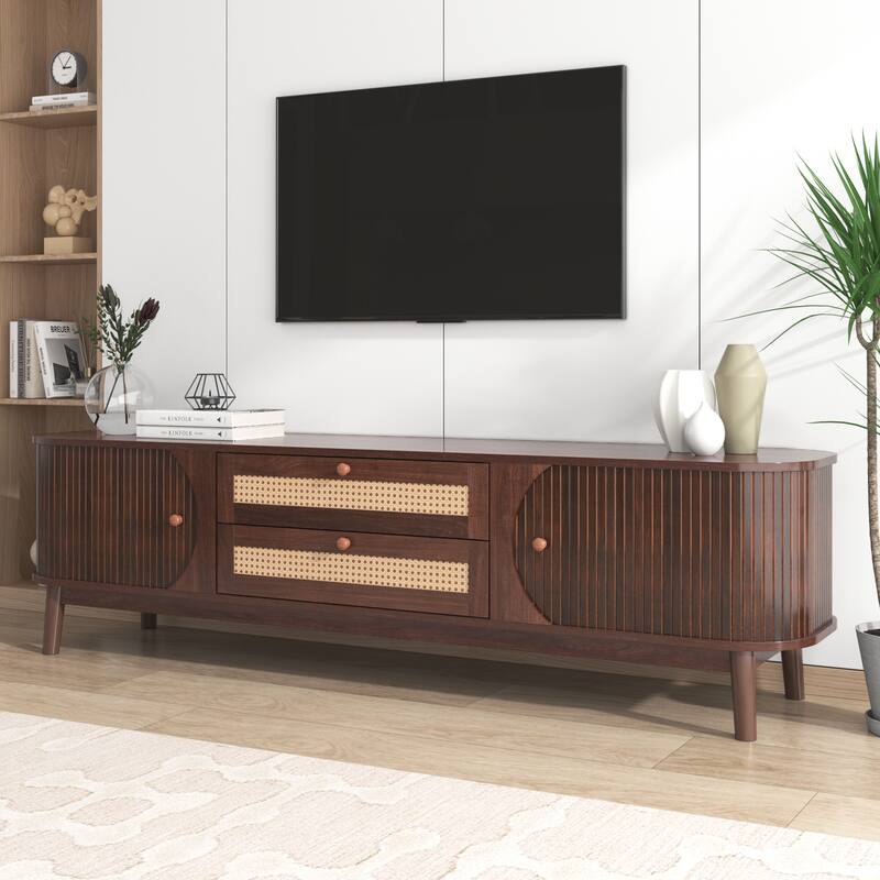 Rattan TV Stand Console Table with Storage Cabinets for TVs up to 75'' - 66.93" x 15.55" x 18.11"